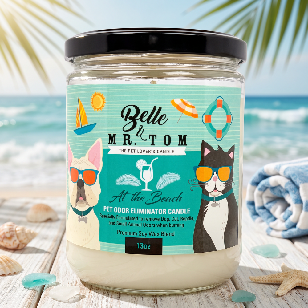 At the Beach Pet Odor Eliminator Candle - Tropical Coconut Pineapple Scented 13oz Soy Blend Candle for Dog & Cat Owners