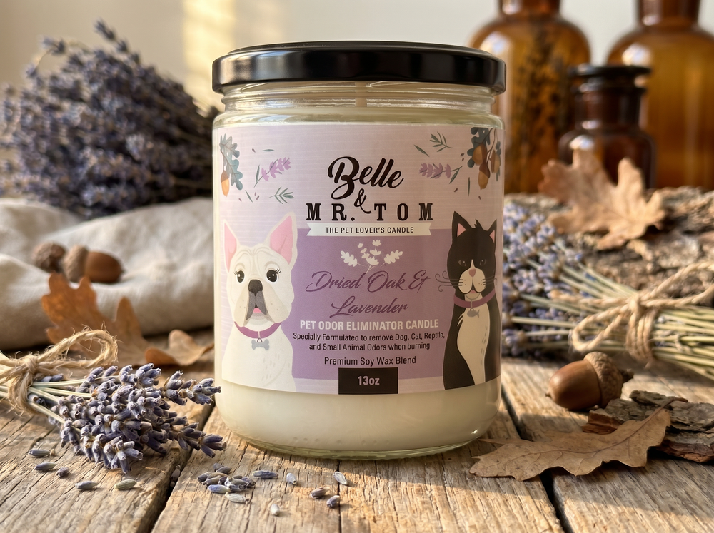 Dried Oak & Lavender Pet Odor Eliminator Candle - Earthy Woodsy Scented 13oz Soy Blend Candle for Dog & Cat Owners
