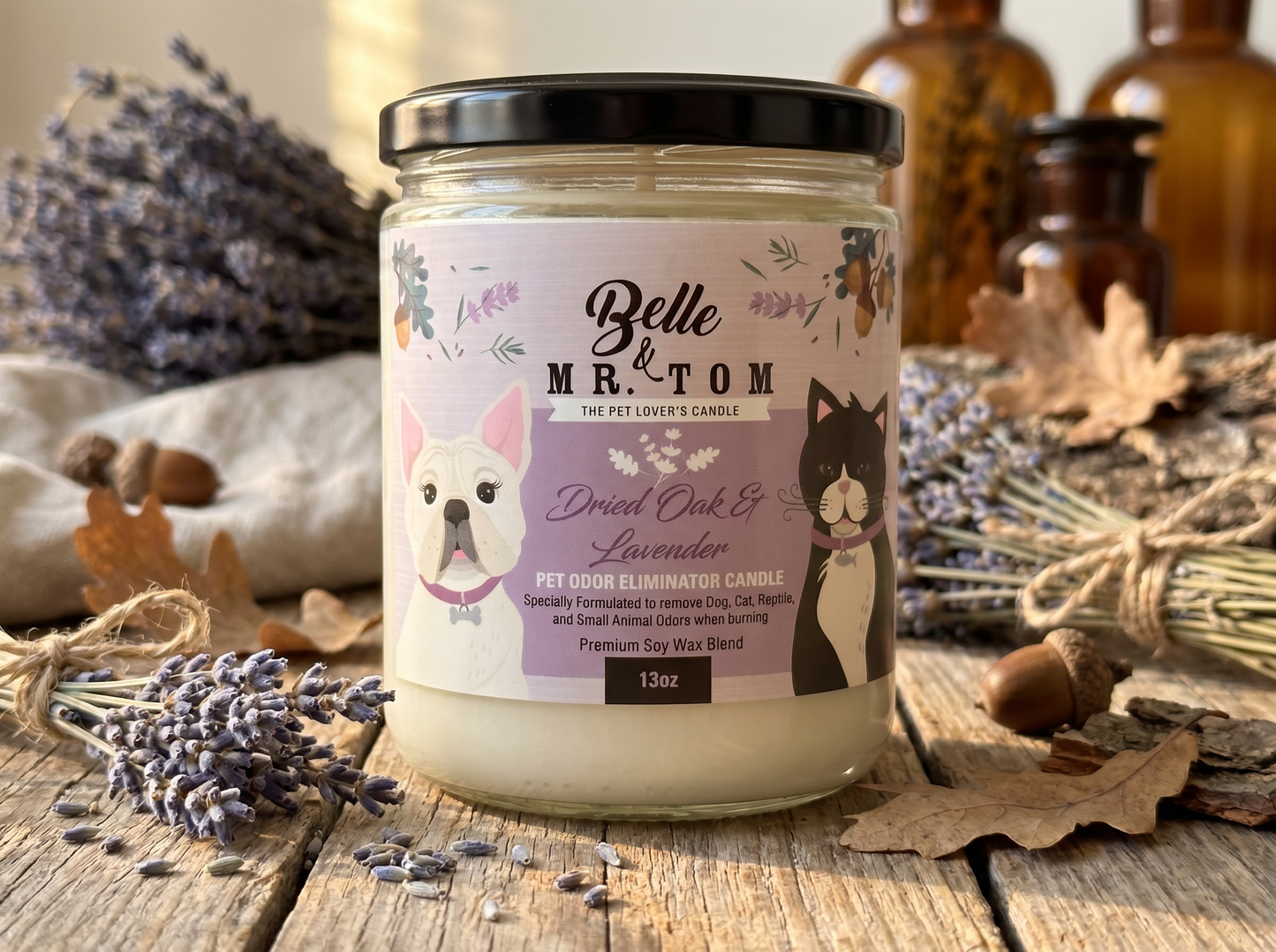 Dried Oak & Lavender Pet Odor Eliminator Candle - Earthy Woodsy Scented 13oz Soy Blend Candle for Dog & Cat Owners