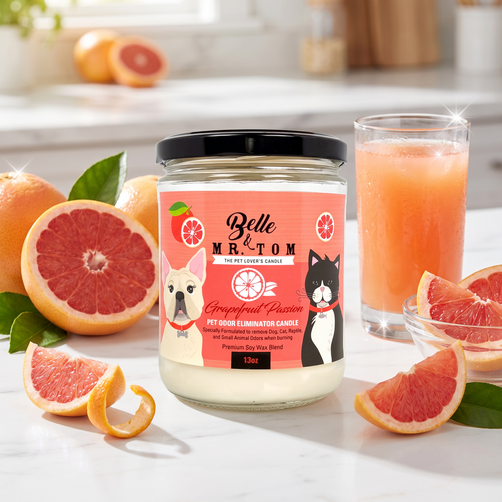 Grapefruit Passion Pet Odor Eliminator Candle - Citrus Tropical Scented 13oz Soy Blend Candle for Dog & Cat Owners