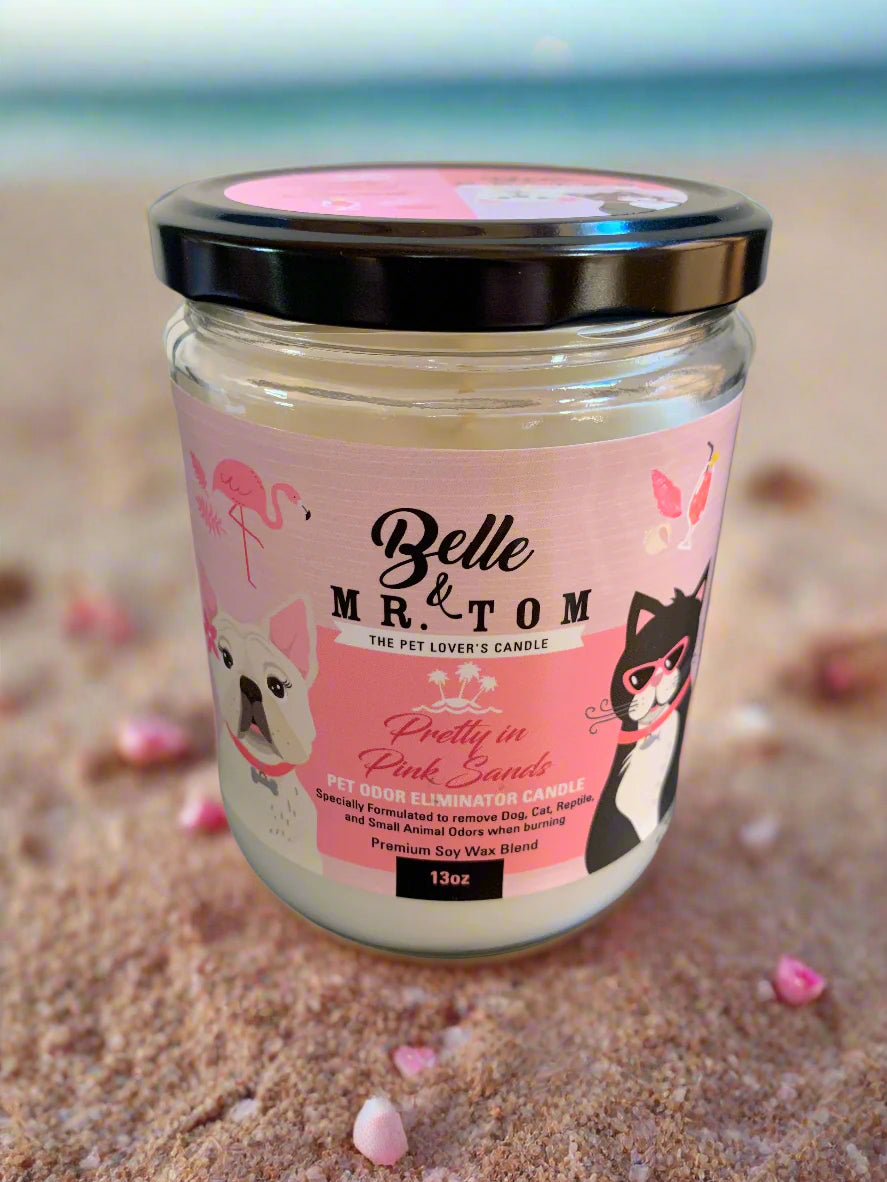 *Pretty in Pink Sands: Belle & Mr. Tom Pet Odor Eliminator Candle (13oz Jar)