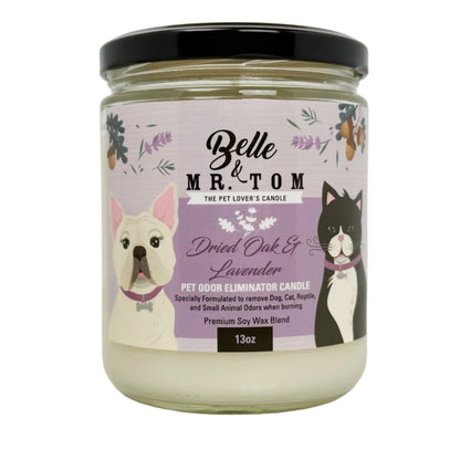 Dried Oak & Lavender Pet Odor Eliminator Candle - Earthy Woodsy Scented 13oz Soy Blend Candle for Dog & Cat Owners