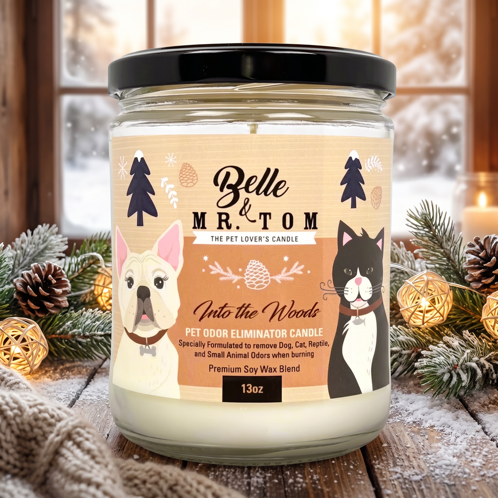 Into the Woods Pet Odor Eliminator Candle - Pine Eucalyptus Evergreen Scented 13oz Soy Blend Candle for Dog & Cat Owners
