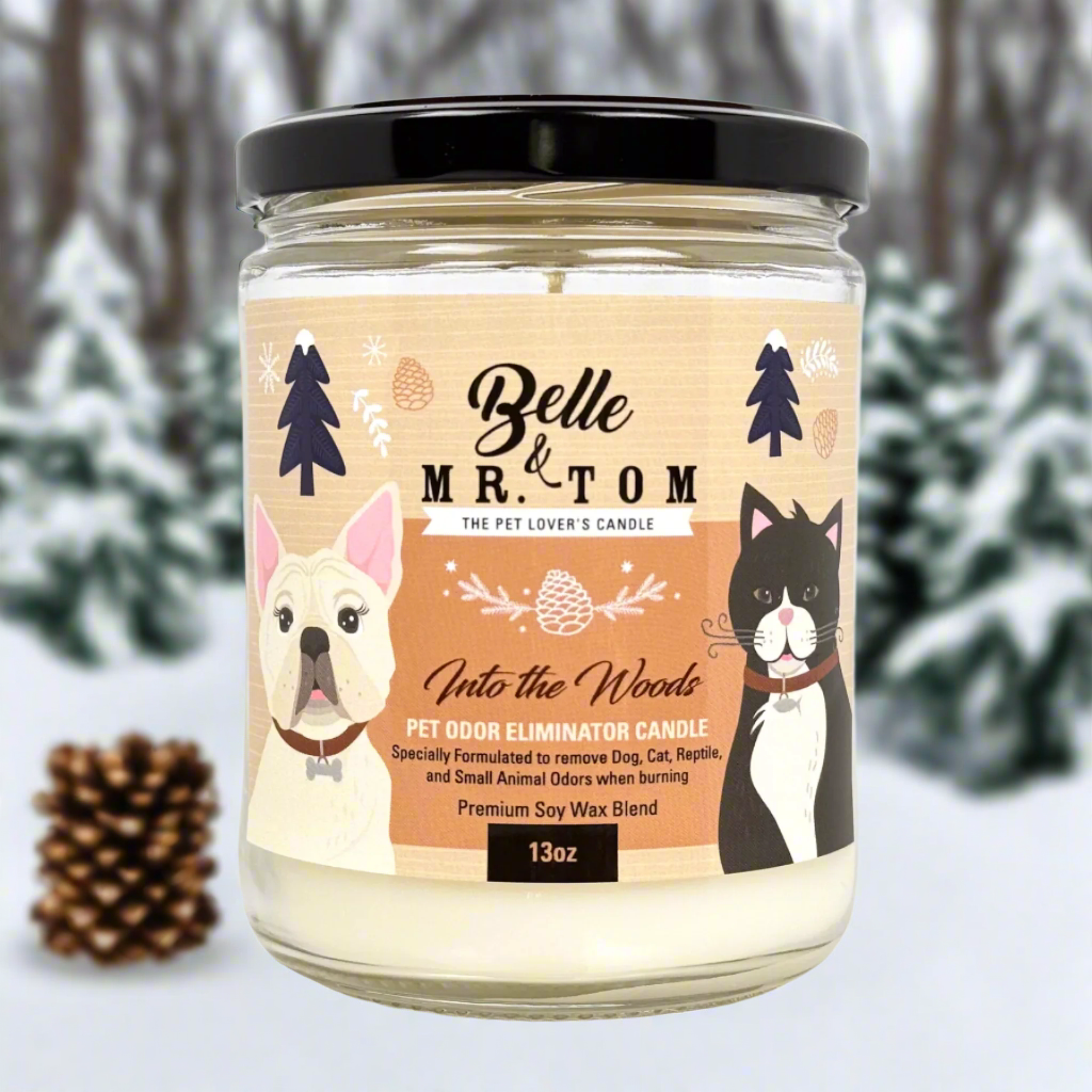 13 oz Into the Woods Pet Odor Eliminator Candle jar featuring pine and eucalyptus scents