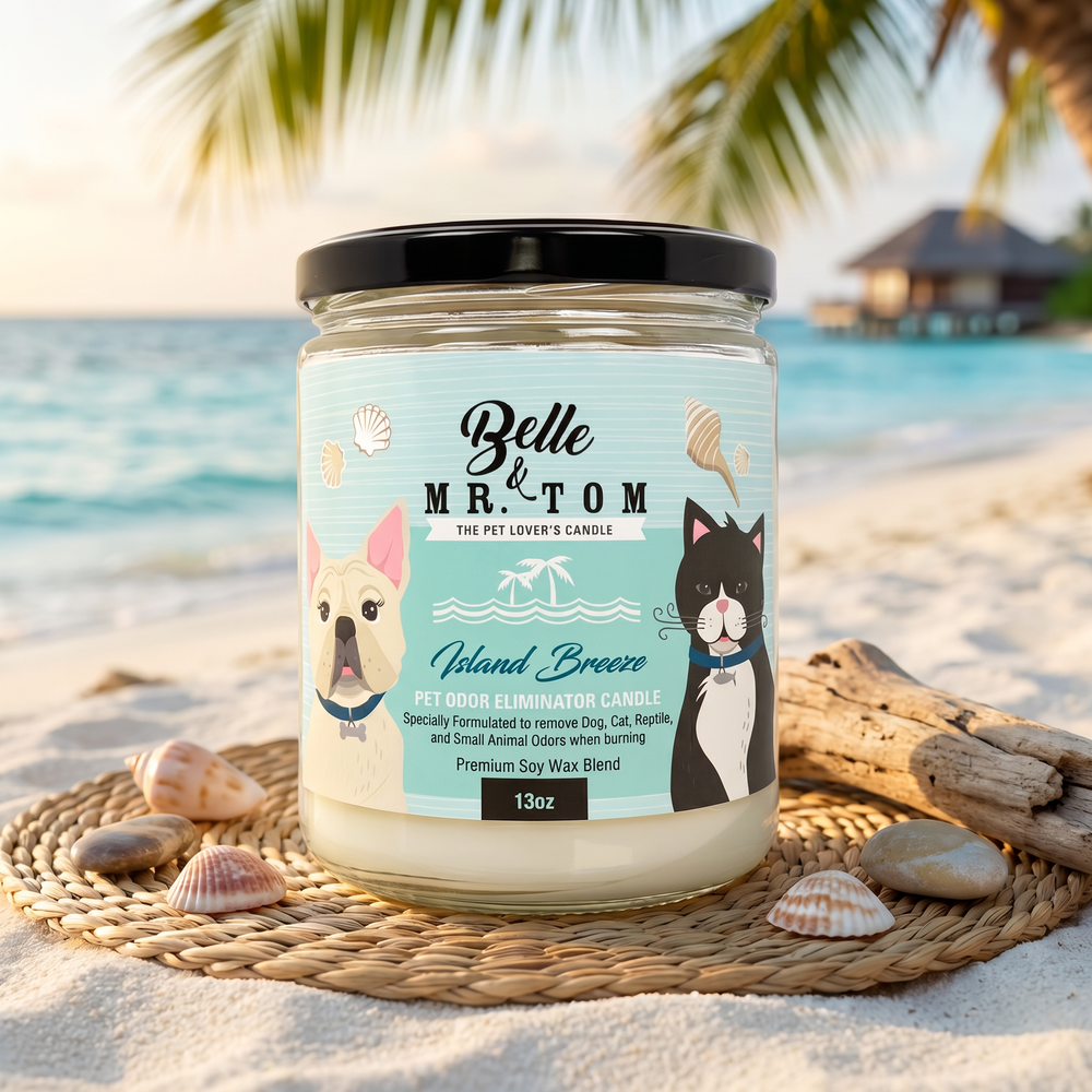 Island Breeze Pet Odor Eliminator Candle - Floral Ocean Aquatic Scented 13oz Soy Blend Candle for Dog & Cat Owners
