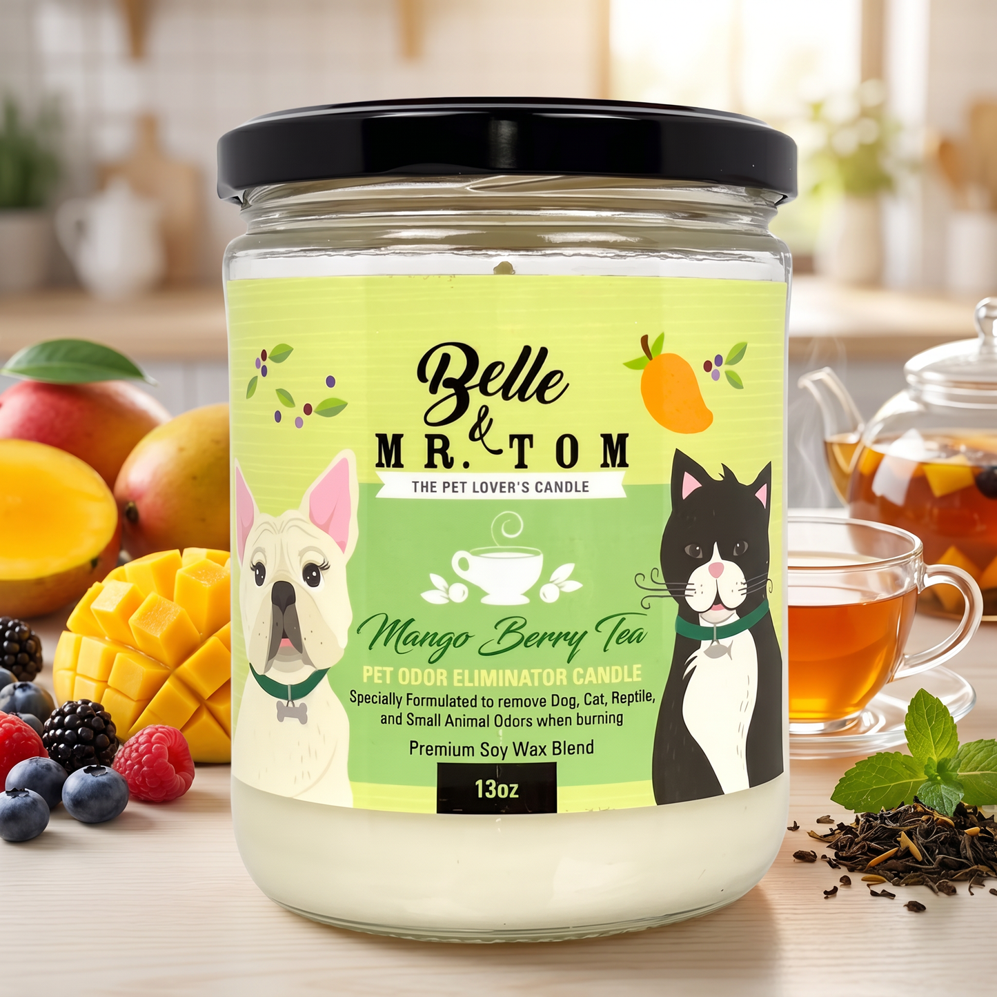 Mango Berry Tea Pet Odor Eliminator Candle - Tropical Fruit Tea Scented 13oz Soy Blend Candle for Dog & Cat Owners