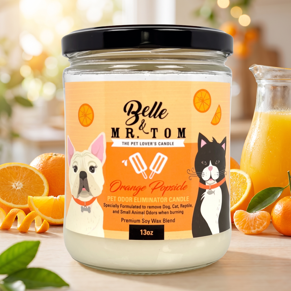 Orange Popsicle Pet Odor Eliminator Candle - Citrus Tropical Fruit Scented 13oz Soy Blend Candle for Dog & Cat Owners