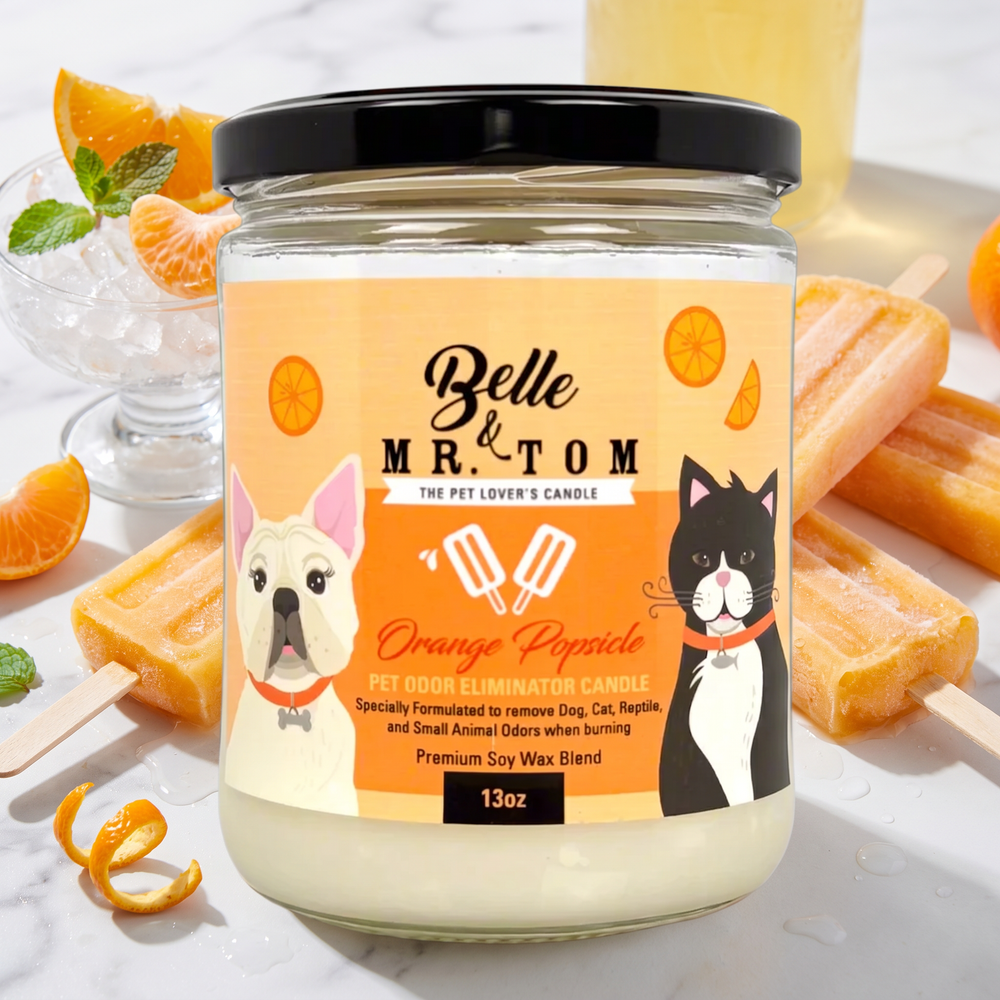 Orange Popsicle Pet Odor Eliminator Candle - Citrus Tropical Fruit Scented 13oz Soy Blend Candle for Dog & Cat Owners