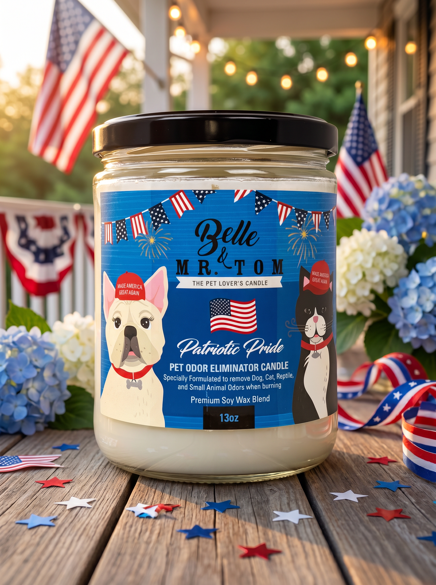 Patriotic Pride Pet Odor Eliminator Candle - Apple Cinnamon Bourbon Scented 13oz Soy Blend Candle for Dog & Cat Owners