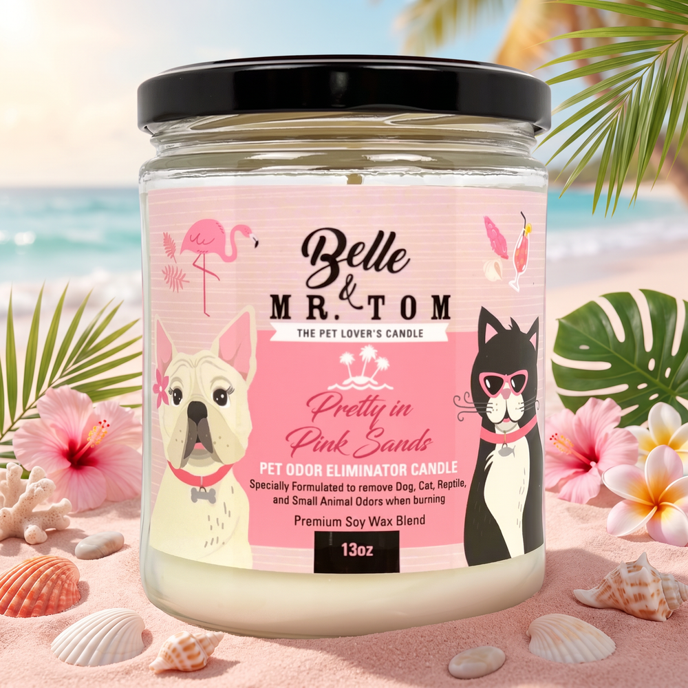 Pretty in Pink Sands Pet Odor Eliminator Candle - Floral Citrus Tropical Scented 13oz Soy Blend Candle for Dog & Cat Owners