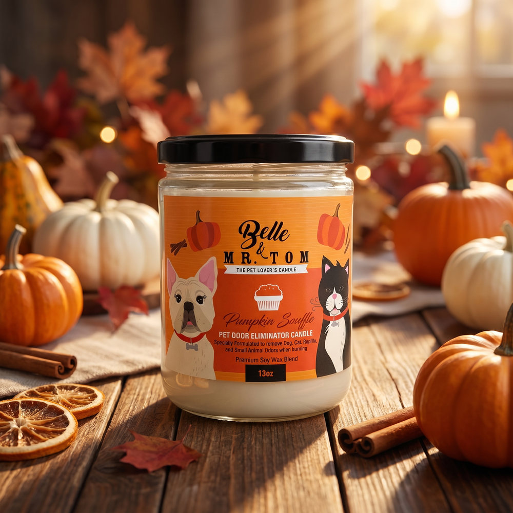 Pumpkin Souffle Pet Odor Eliminator Candle - Pumpkin Spice Bakery Scented 13oz Soy Blend Candle for Dog & Cat Owners