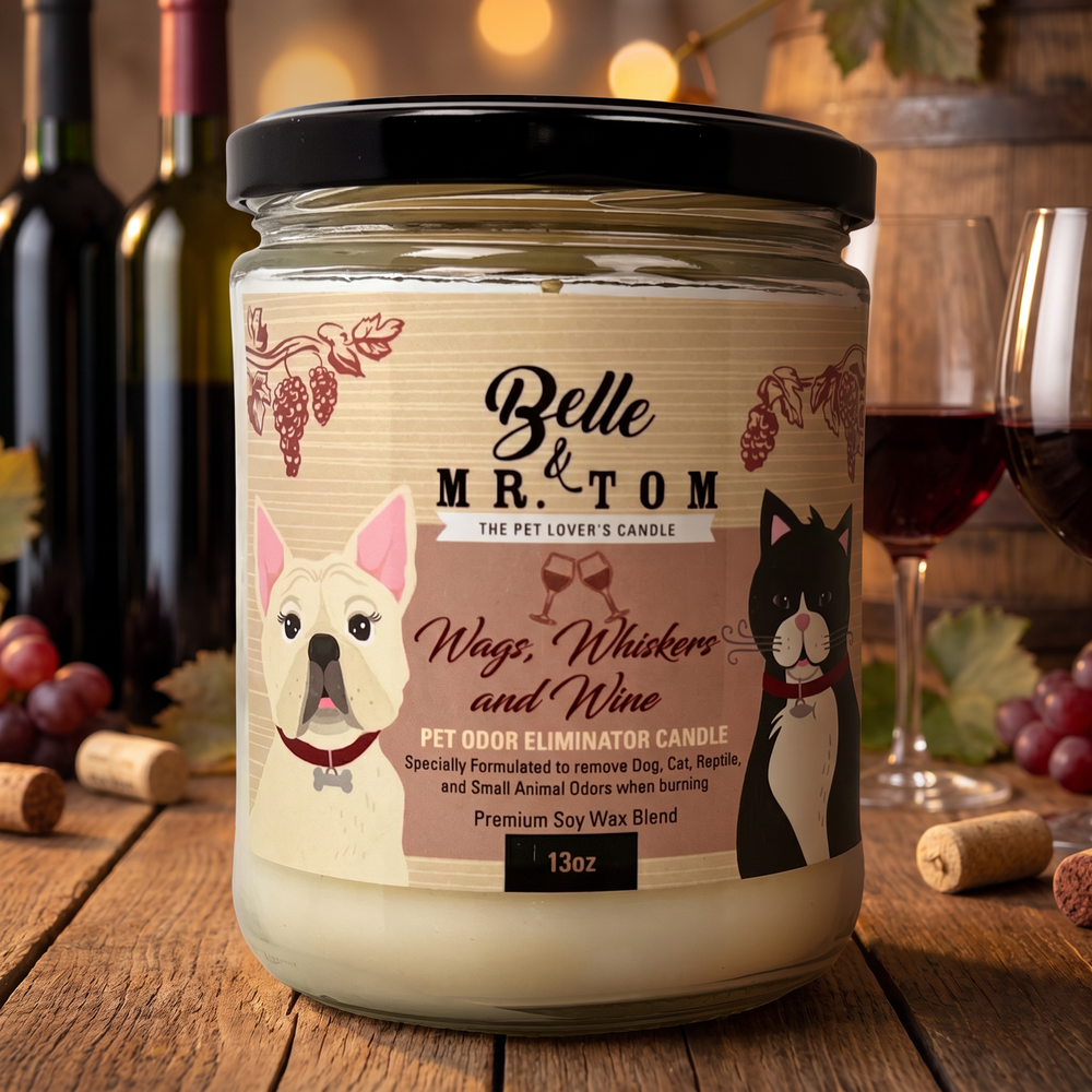 Wags, Whiskers & Wine Pet Odor Eliminator Candle - Luxury Shiraz Scented 13oz Soy Blend Candle for Dog & Cat Owners