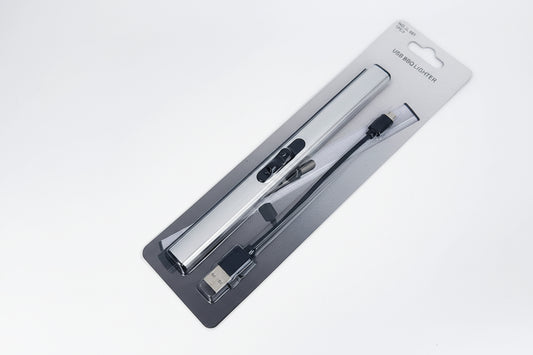 USB rechargeable lighter with packaging on a white background